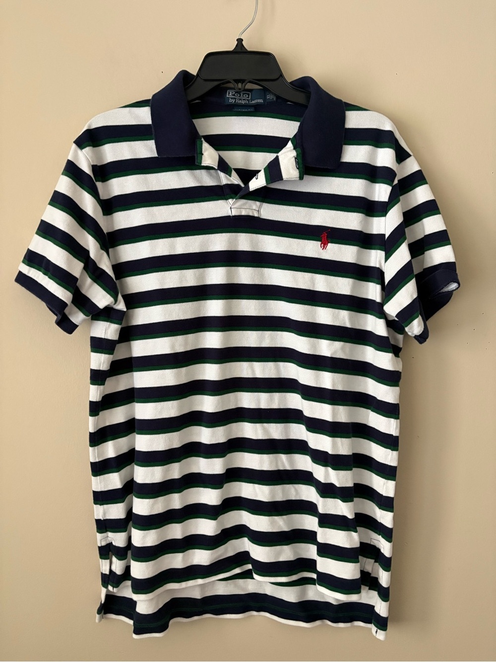 Polo by Ralph Lauren Navy, White & Green Striped Cotton Polo Sz. XL